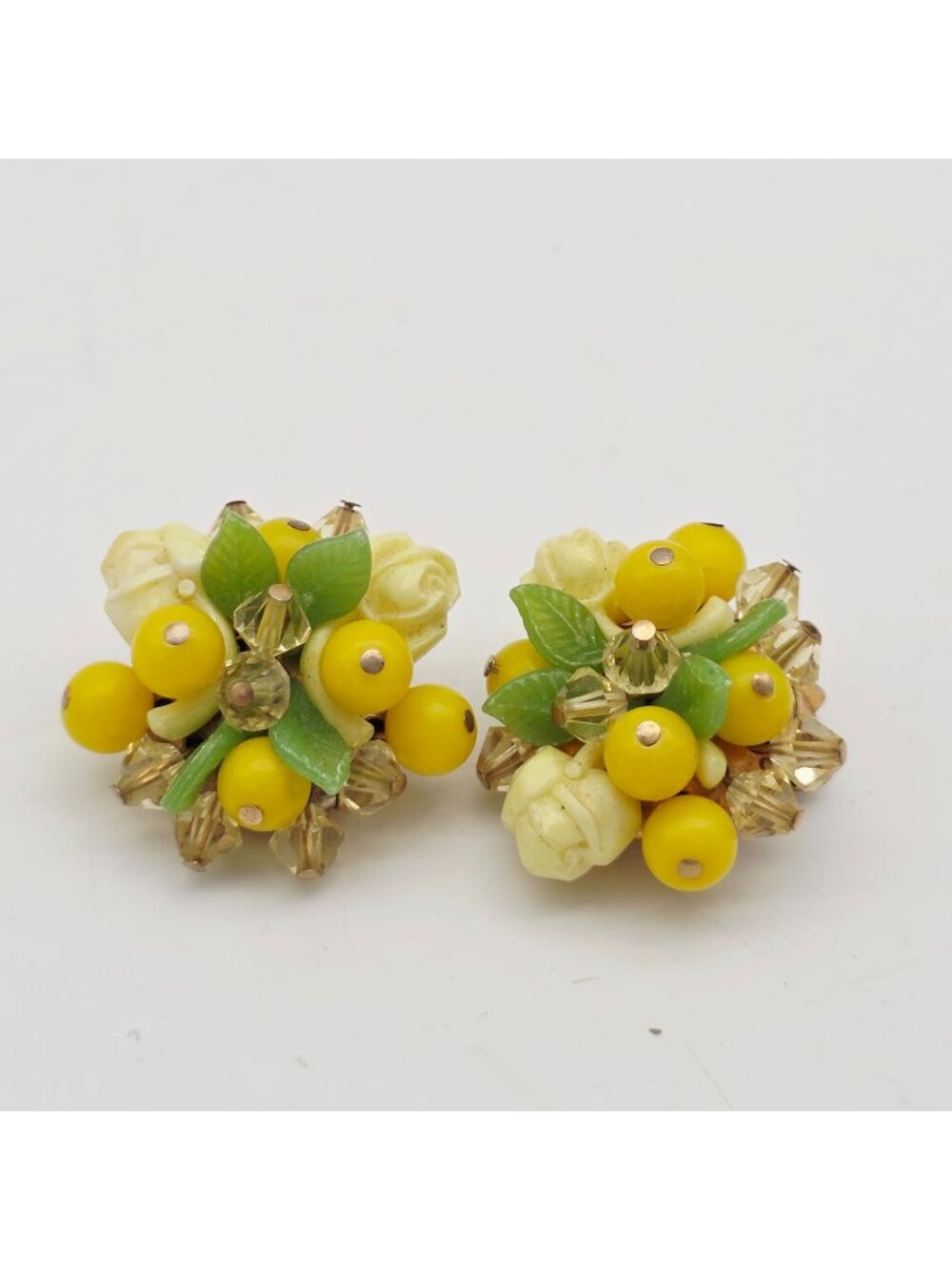 Yellow Floral Clip-On Earrings With Beads & Faux Pearls Roses Leaves Vintage 1"
